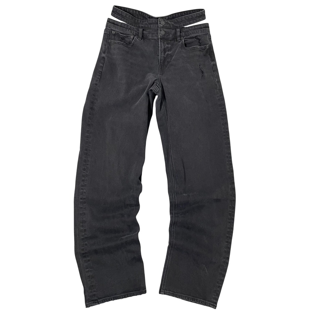 American Eagle Baggy Straight Jeans Womens 6 Long Black Cutout Double Waist Y2K